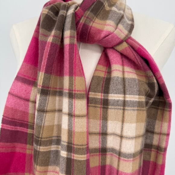 Amicale scarf 100% cashmere fringe plaid pink tan - Picture 4 of 5
